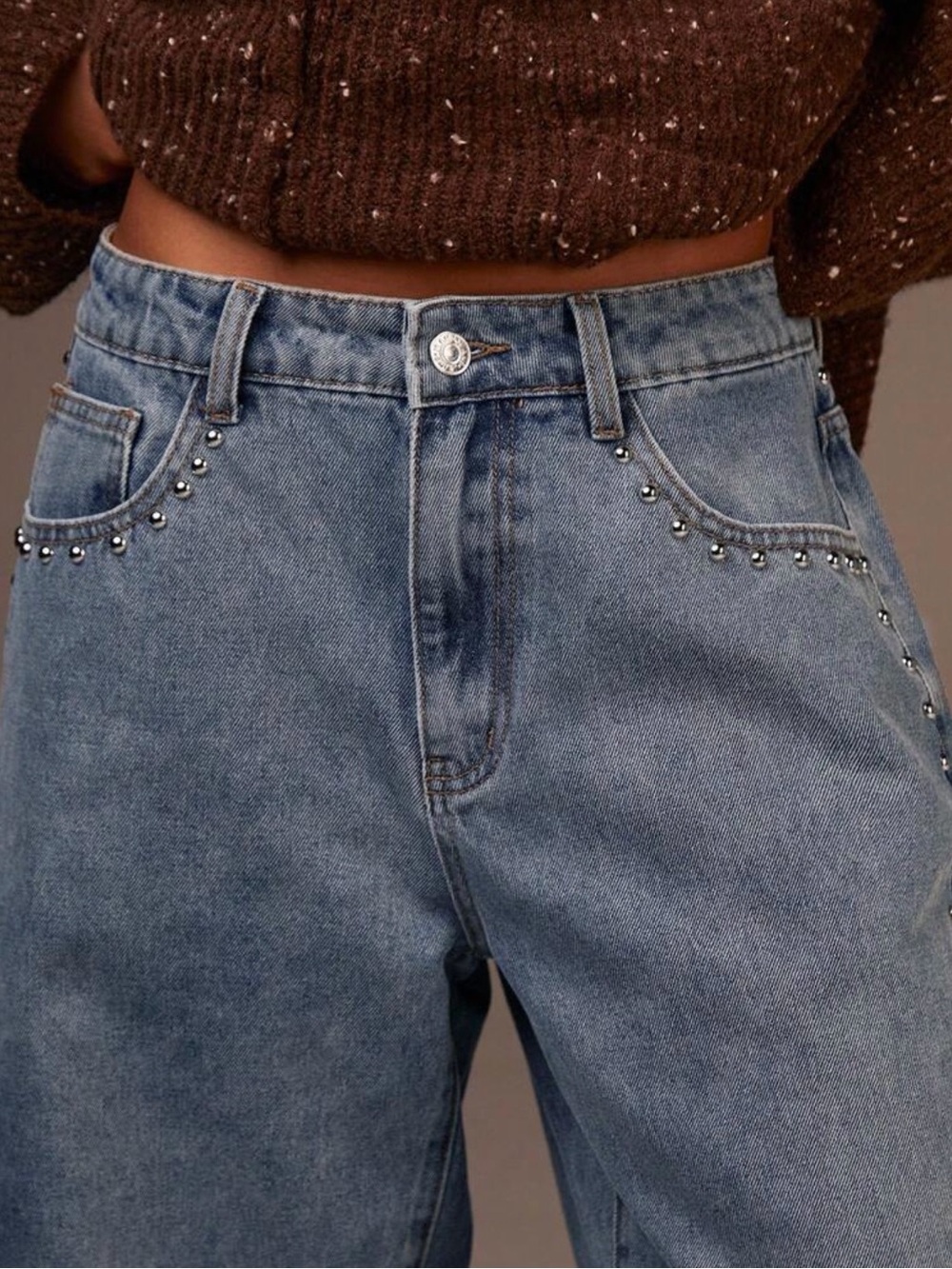 Wide Leg Studded Blue Denim Jeans - Picture 3 of 4